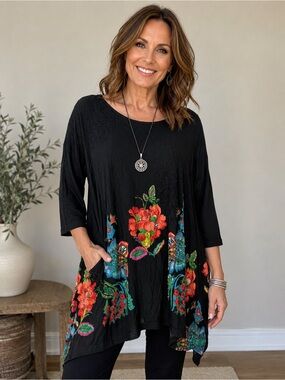 Desigual Tunic Top Womens Size L Multicolor Boho Floral Embroidered Logo Shirt